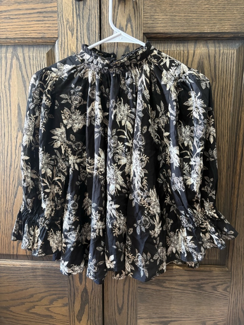 Free People Black Floral Smocked-Neck Peasant Blouse